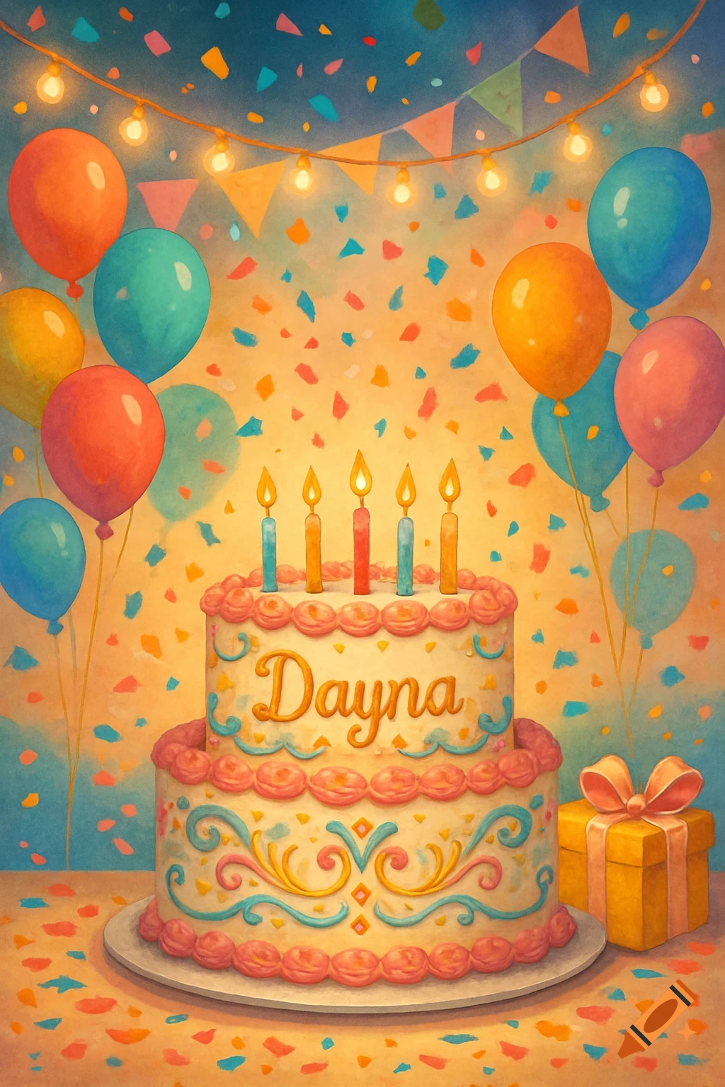 A watercolor illustration of a festive two-tier birthday cake with five lit candles and the name 'Dayna', surrounded by colorful balloons, confetti, and a gift box.