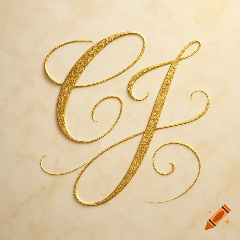 Golden textured cursive letters C and J on a subtle marble-like background.