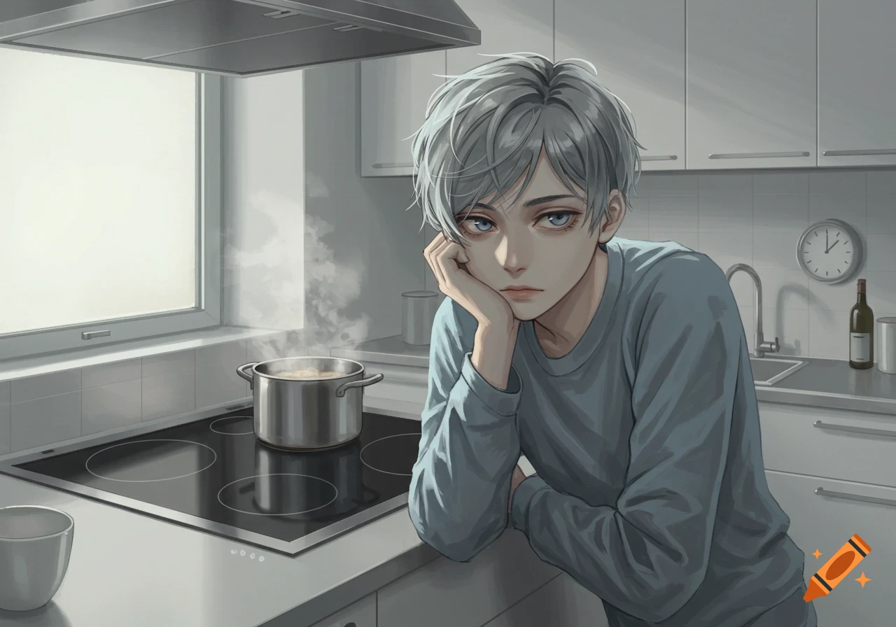 Anime-style boy with grey hair leaning on a kitchen counter, looking bored as a pot steams on the stove.