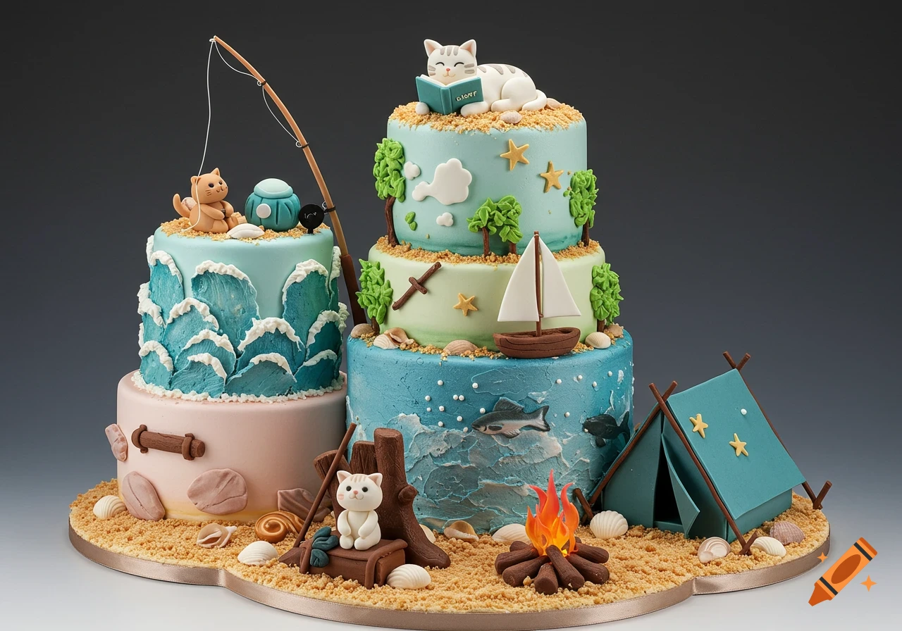 A multi-tiered decorative cake with cat figures, fishing, camping, and ocean themes including a tent, campfire, and sailboat.