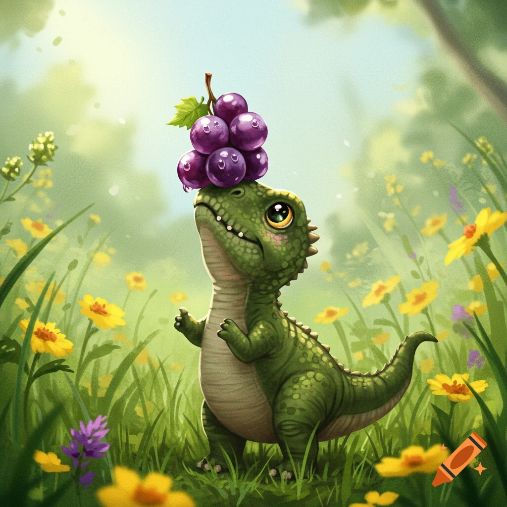 A cute baby green dinosaur balances a bunch of purple grapes on its head in a sunny, flower-filled meadow, cartoon style.