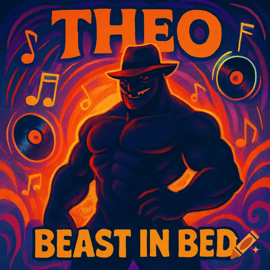 A stylized album cover features a muscular, shadowy man in a fedora with fangs, surrounded by musical notes and vinyl records. Text reads "THEO" and "BEAST IN BED".