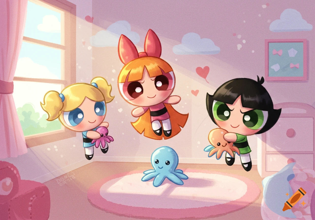 Three baby Powerpuff Girls float in a pink room, holding small octopus toys, in a cute cartoon style.