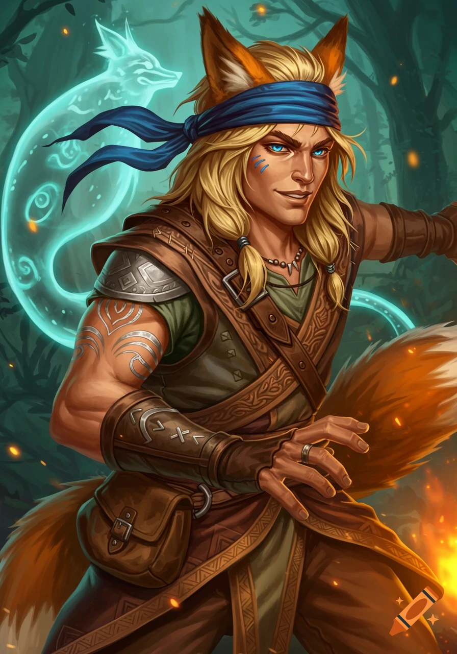 A male kitsune character with blonde hair, blue bandana, fox ears and tail, and tattoos, with a glowing spirit fox in a forest.
