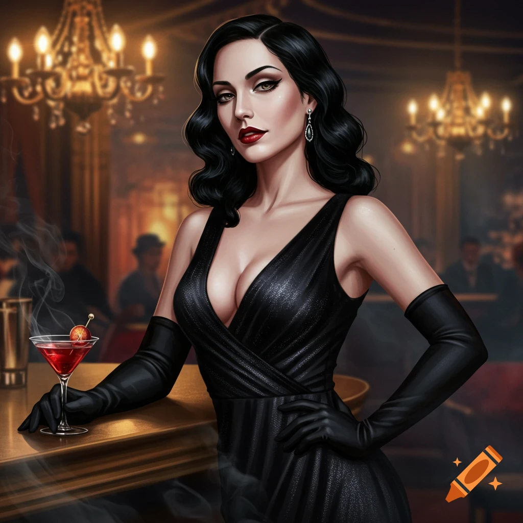 Stylized portrait of a femme fatale with dark hair, red lips, black dress, and long gloves, posing at a bar with a cocktail.