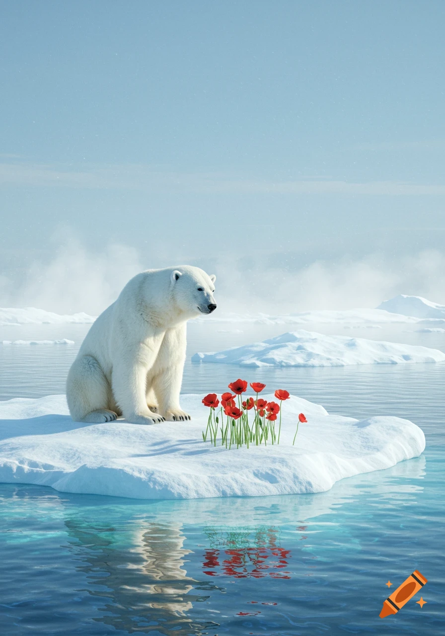 A polar bear sits on an ice floe next to red poppies, surrounded by icy water and distant icebergs under a pale blue sky.