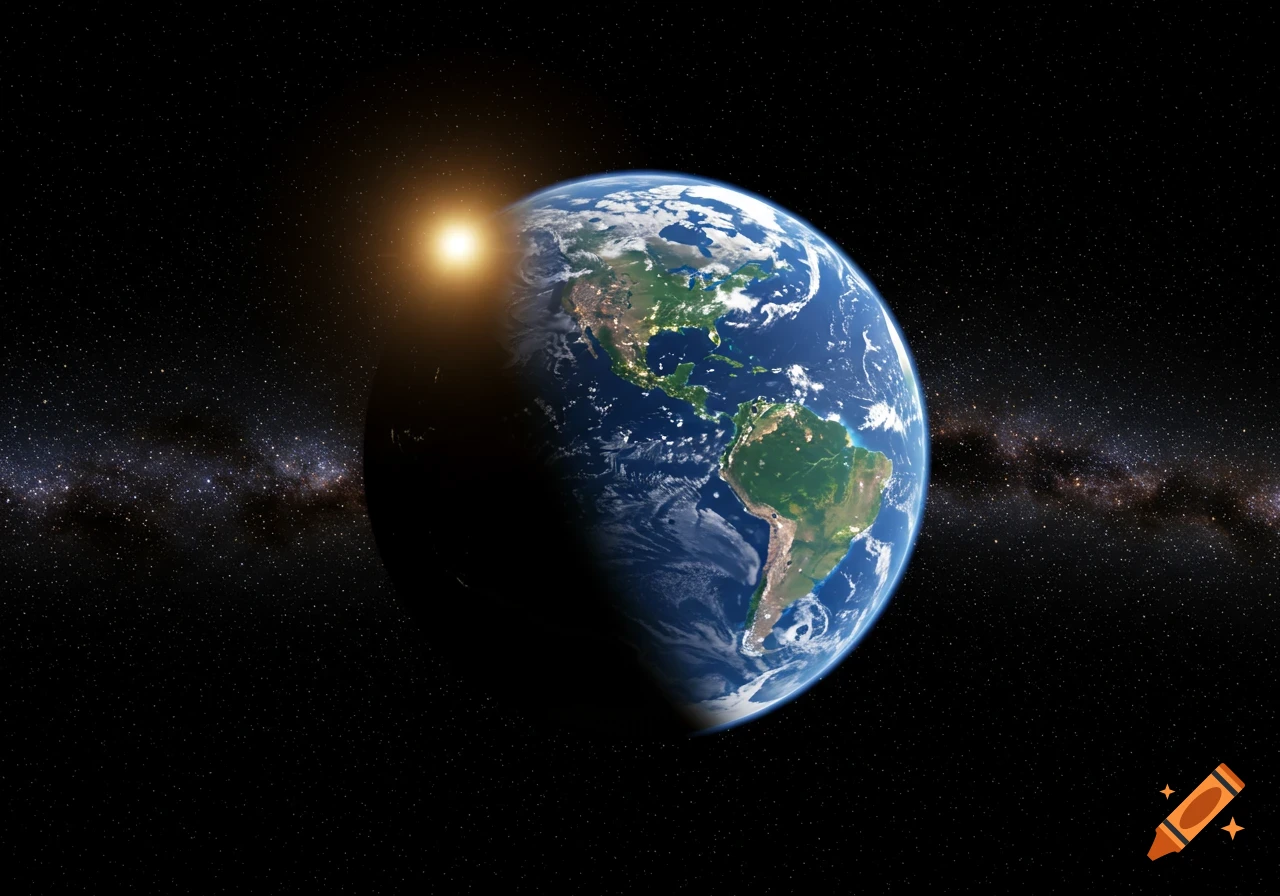 A photorealistic view of Earth from space, with the sun rising over the horizon, showing North and South America and stars.