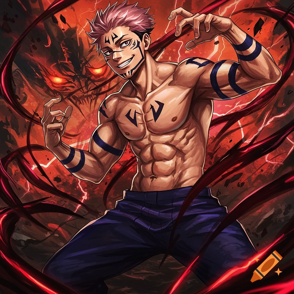 Anime character Sukuna from Jujutsu Kaisen, shirtless and muscular with tattoos, smirks in a flashy pose with a demonic figure and red energy behind him.