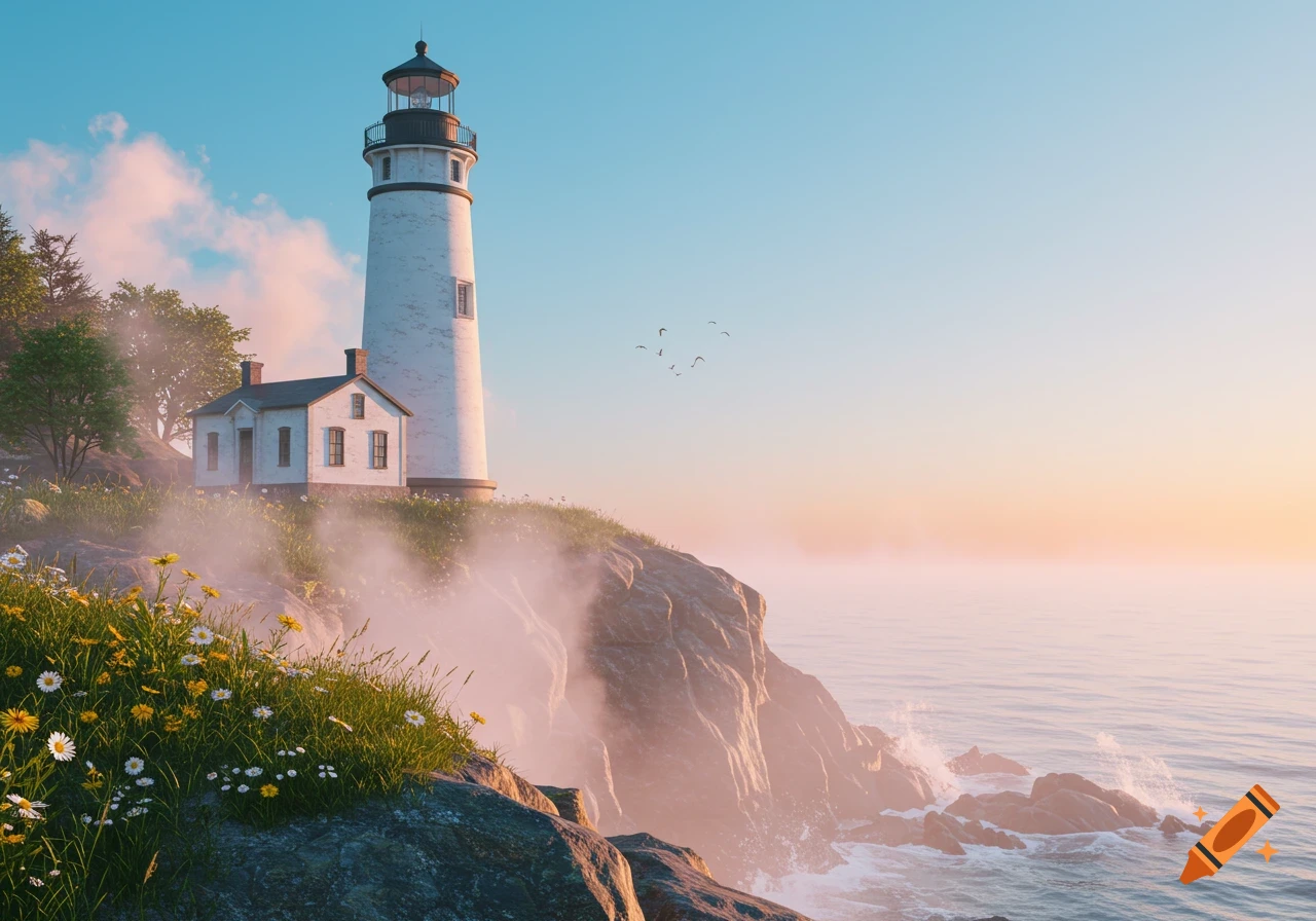 A white lighthouse and small house on a grassy cliff overlooking a misty ocean at sunrise, with wildflowers.