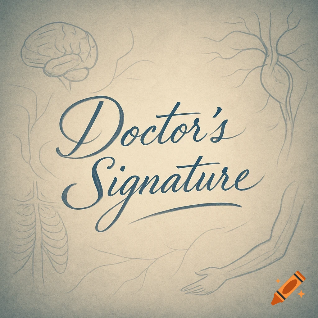 Text 'Doctor's Signature' in script font, surrounded by faint line drawings of a brain, heart, ribs, and arm on a beige background.