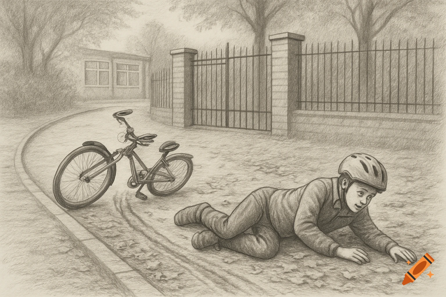 A pencil sketch shows a child in a helmet fallen from a bicycle onto a leaf-strewn path near a school gate.