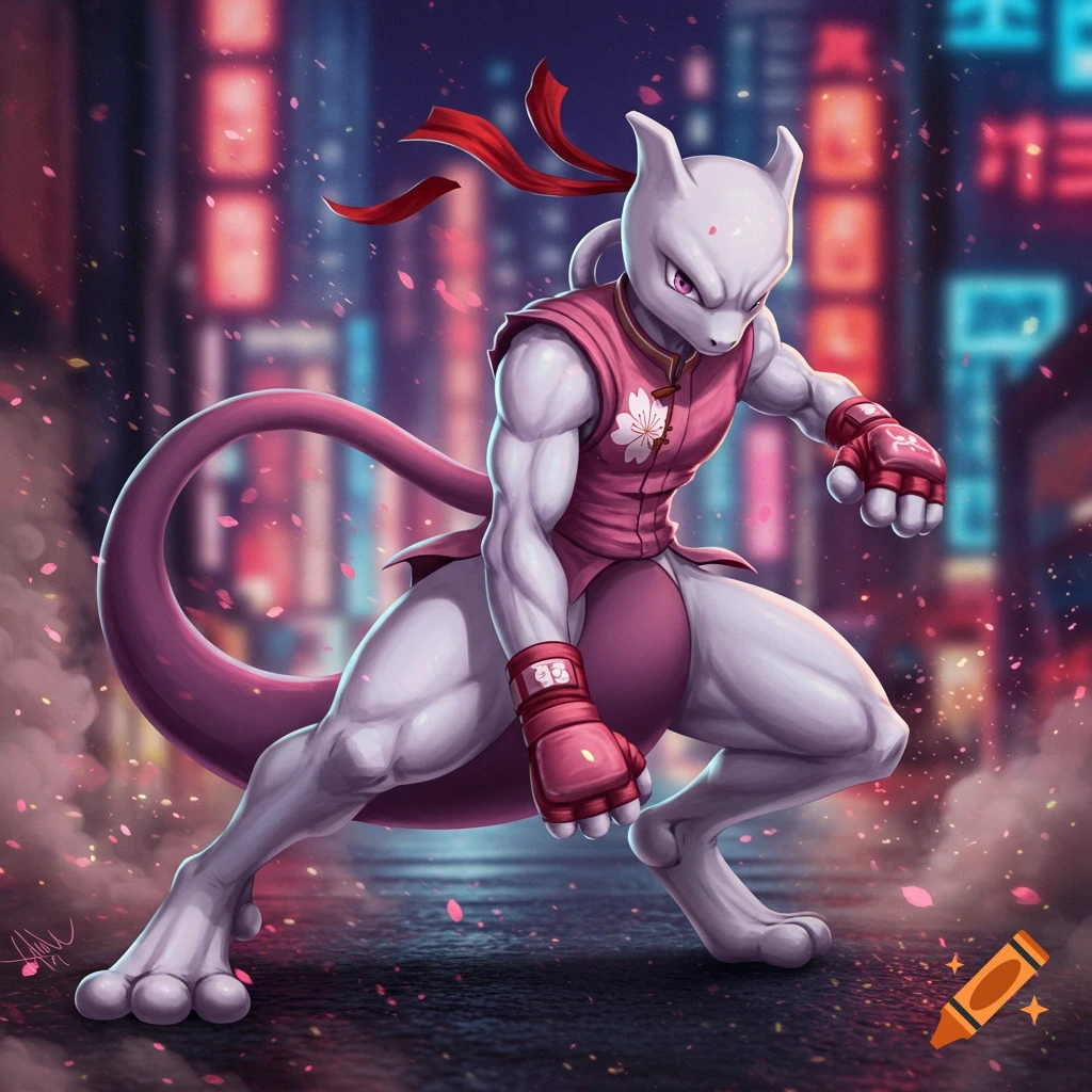 Mewtwo in a pink Sakura Street Fighter costume with red accents, in a fighting stance in a neon-lit urban alley.
