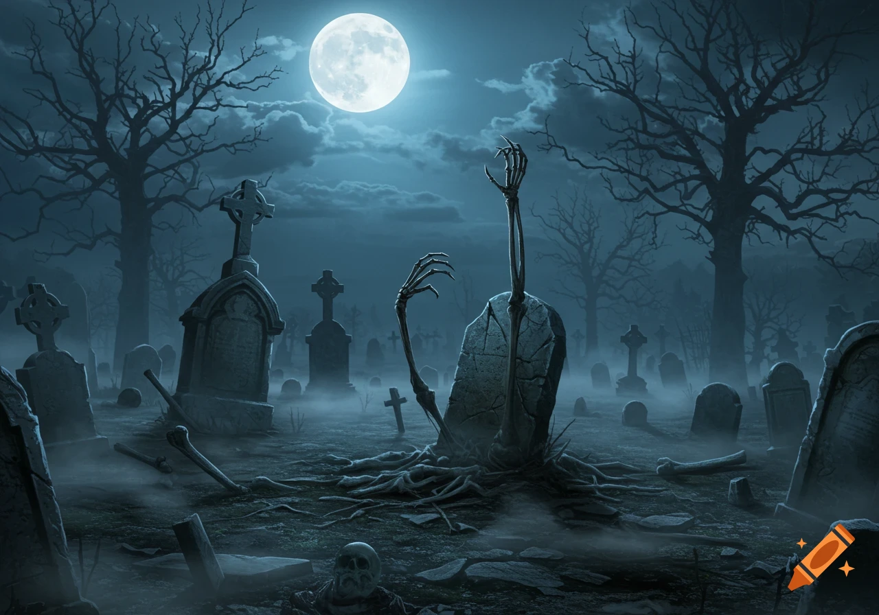 A full moon illuminates a misty, dark graveyard with skeletal arms reaching from the ground among gravestones and bare trees.