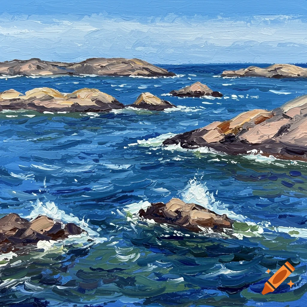 Vibrant oil painting of a rocky seascape with distinct brushstrokes, showing blue water, islets, and crashing white waves under a clear sky.