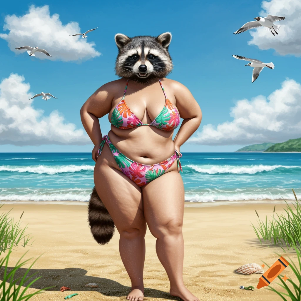 A photorealistic full-figured woman with a raccoon head in a colorful bikini stands on a sandy beach by the ocean, with seagulls flying.