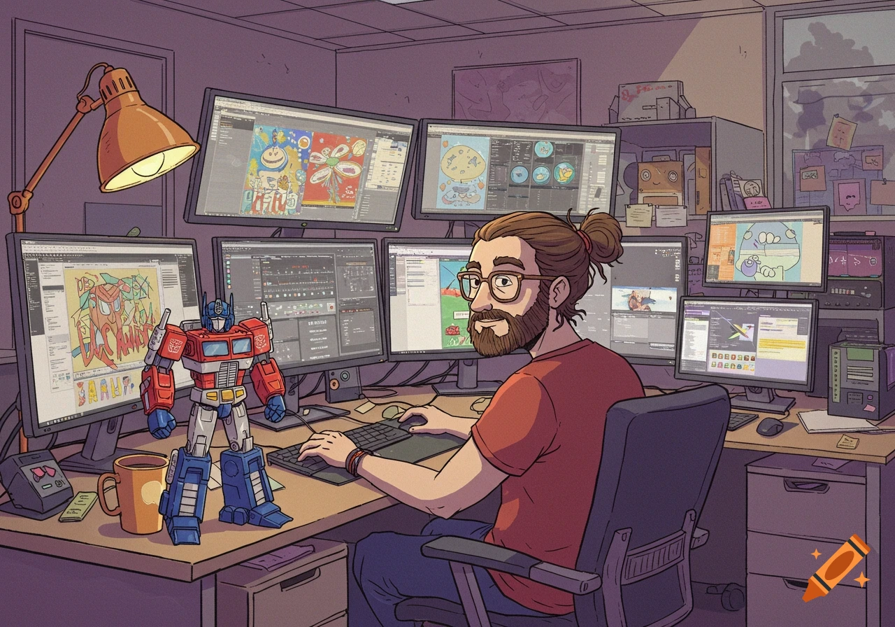 Cartoon illustration of a bearded man with a ponytail working at a desk with multiple computer monitors, an Optimus Prime figure, and a coffee mug.