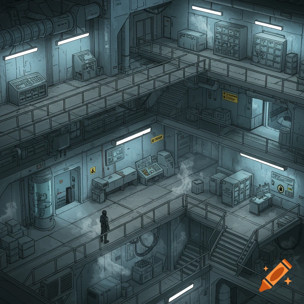 Isometric concept art of a vast, multi-level secret facility with pipes, machinery, control panels, and a lone figure on a walkway.