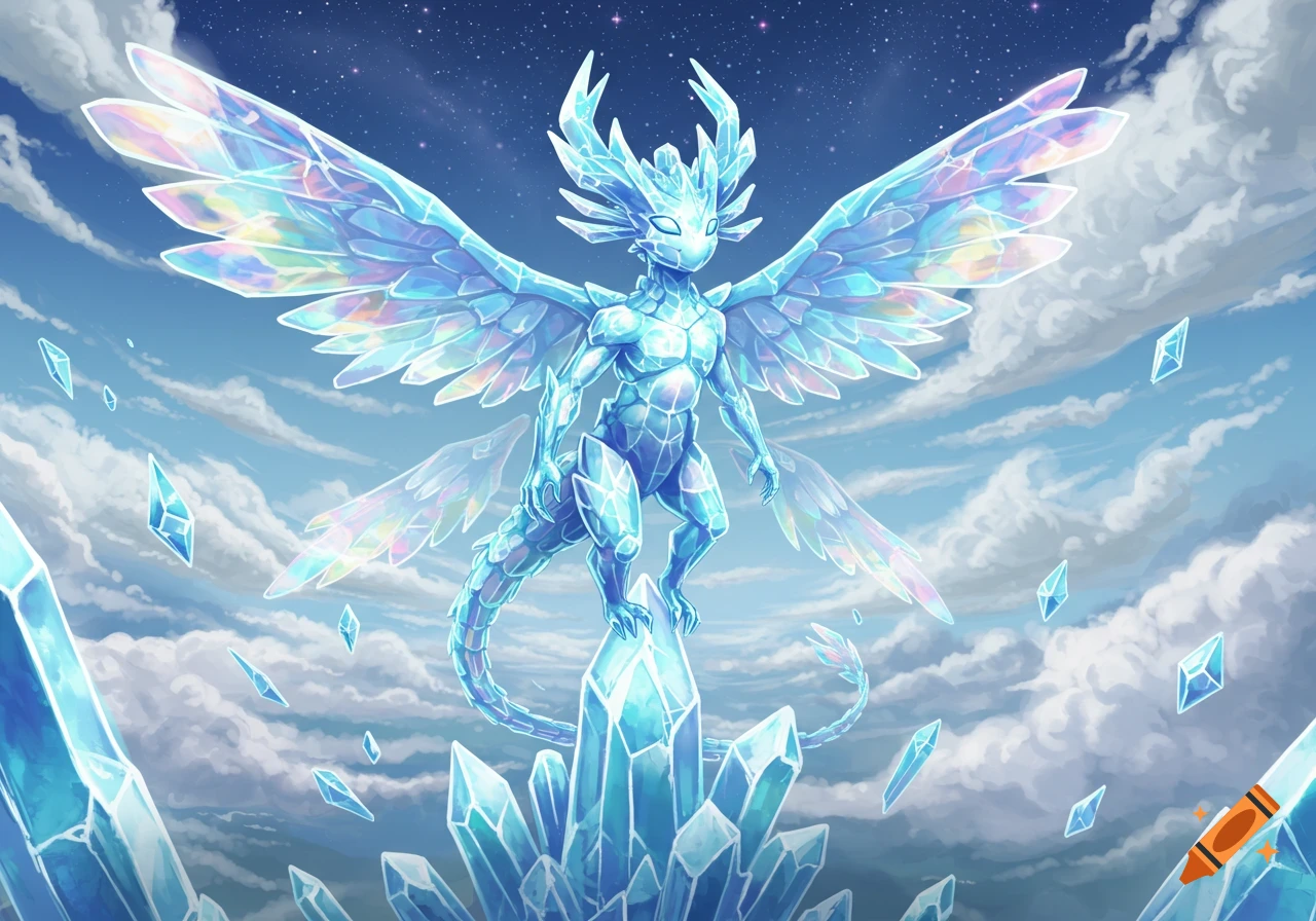 A fantastical crystal-air monster with iridescent wings stands on a large crystal formation amidst clouds and stars.