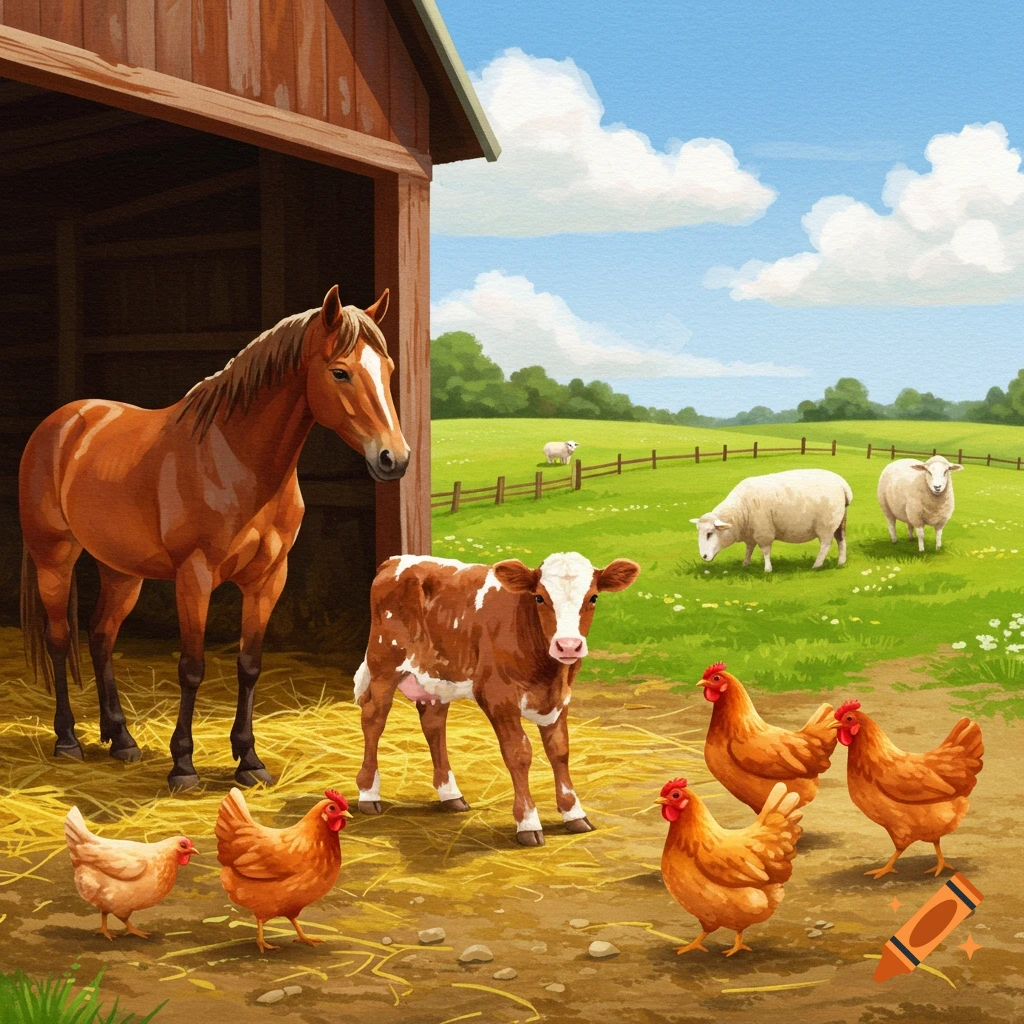 An illustrated farm scene with a brown horse in a barn, a calf, and several chickens in the foreground. Sheep graze in a green field under a blue sky.