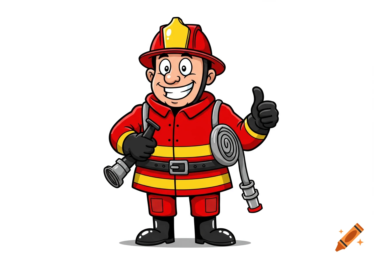 A cartoon firefighter in a red uniform and yellow helmet gives a thumbs up, holding a nozzle and coiled hose.