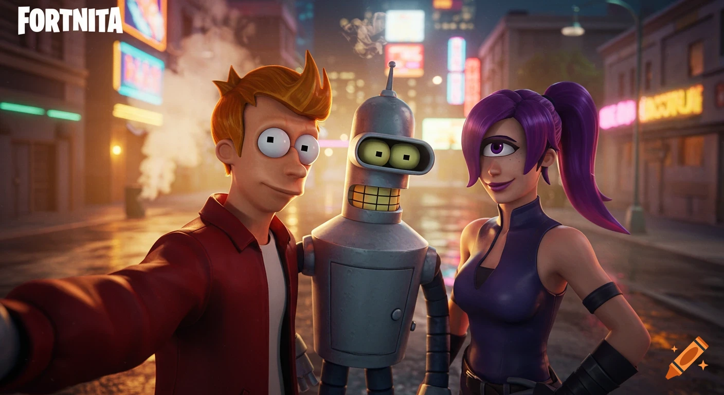 Futurama characters Fry, Bender, and Leela take a selfie on a neon-lit futuristic city street at night in a Fortnite-style 3D render.