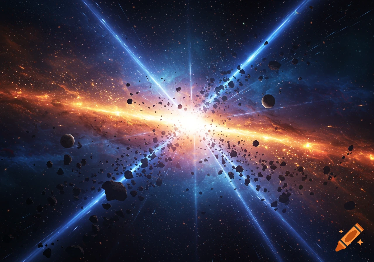 A vibrant cosmic explosion with a bright central light, blue rays, and asteroids scattering across an orange and blue nebula.