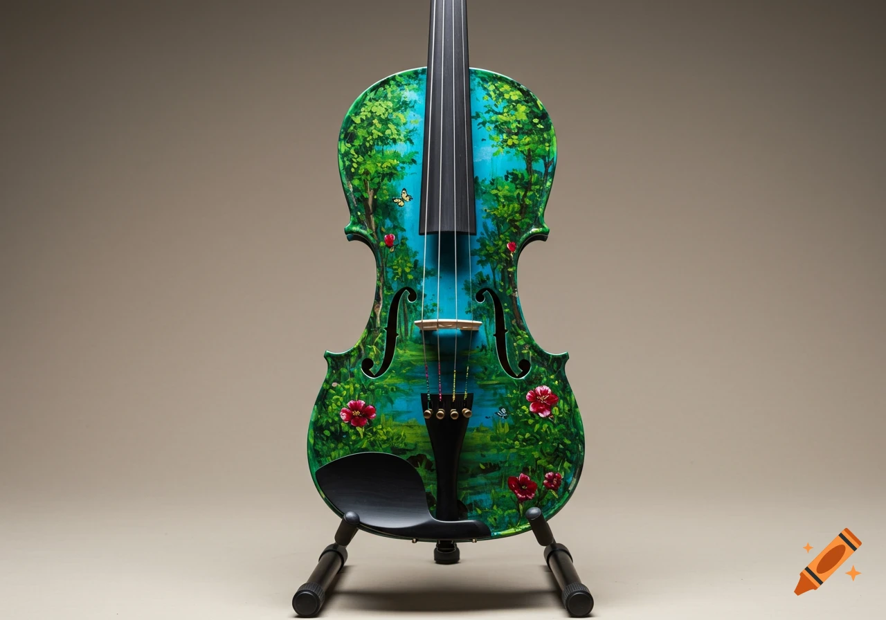 A violin painted with a vibrant nature scene including green trees, blue water, red flowers, and a butterfly, displayed on a stand.
