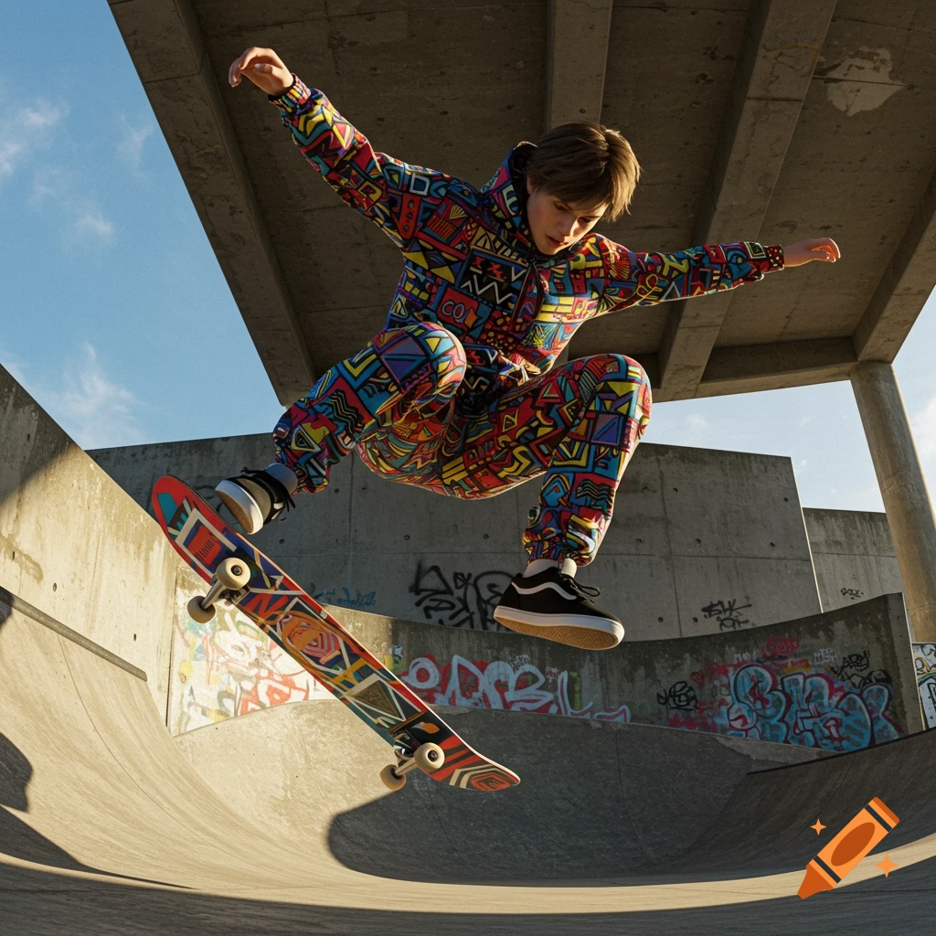 A skater in a colorful geometric tracksuit performs an aerial trick on a skateboard in a concrete skatepark with graffiti.