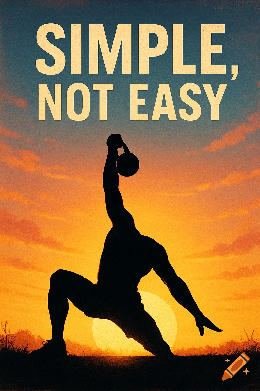 Silhouette of an athlete lifting a kettlebell overhead against a vibrant sunset, with the motivational text 'SIMPLE, NOT EASY'.