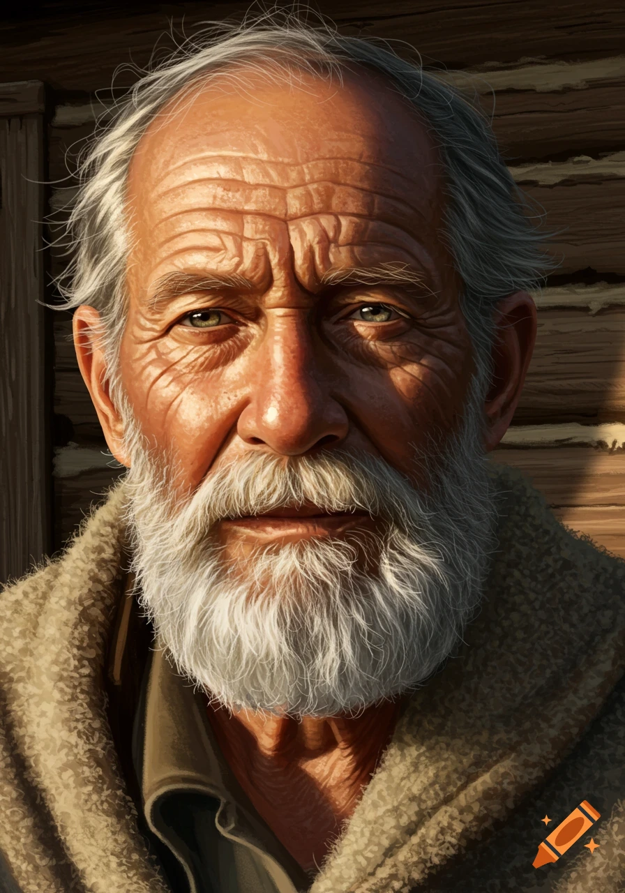 Close-up portrait of an old man with white hair and beard, green eyes, and a wrinkled face, lit by warm light, against a wooden background.