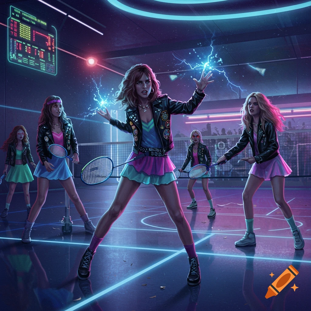 A group of rocker girls playing badminton in a neon-lit futuristic gym, with blue lightning from their hands and rackets.