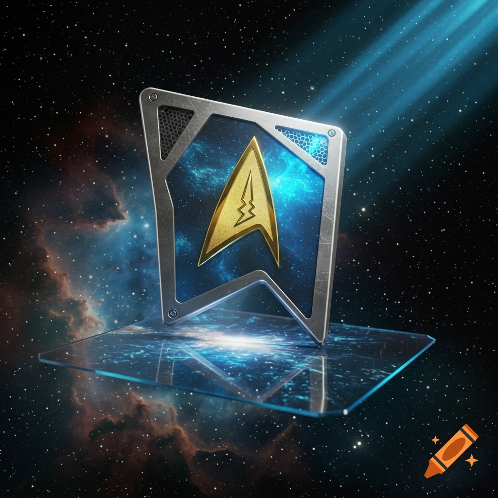 A metallic Starfleet combadge with a gold delta symbol reflects on a glass surface against a vibrant galaxy background.