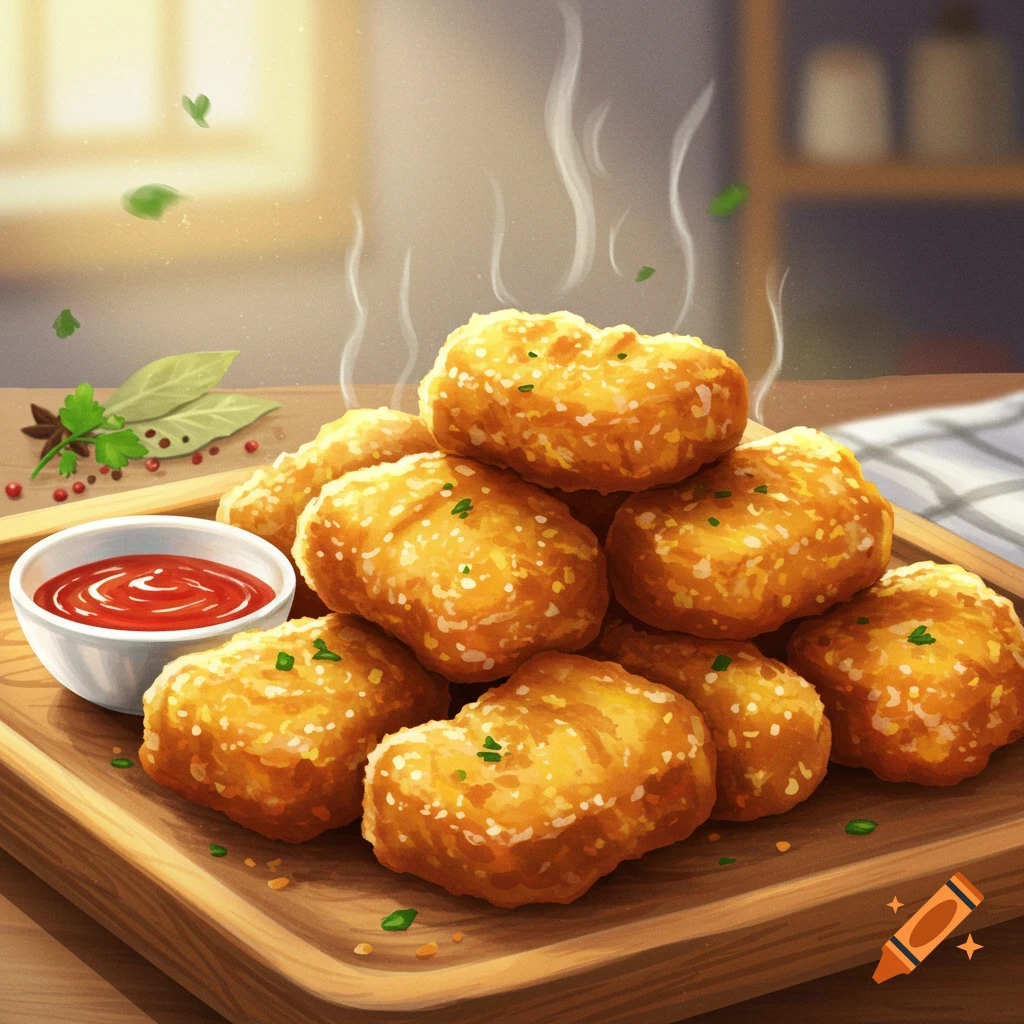 A close-up shot of crispy golden chicken nuggets piled on a wooden board next to a white bowl of red dipping sauce, with steam rising.