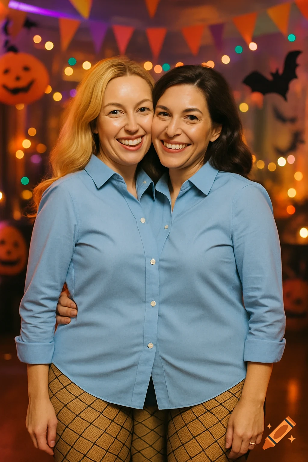 Two smiling women in a conjoined blue shirt and patterned tights stand in front of a Halloween party background.