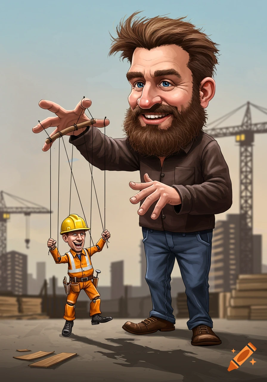 Caricature of a bearded man controlling a small contractor puppet on strings at a construction site.