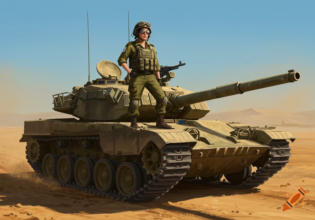 A female soldier in uniform and sunglasses stands confidently on a large military tank in a vast desert landscape.