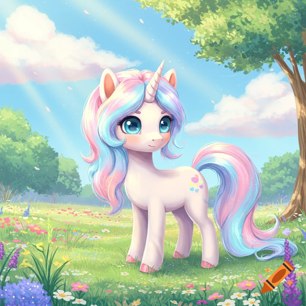 A cute, cartoon unicorn with rainbow mane and tail stands in a sunny, flower-filled meadow.