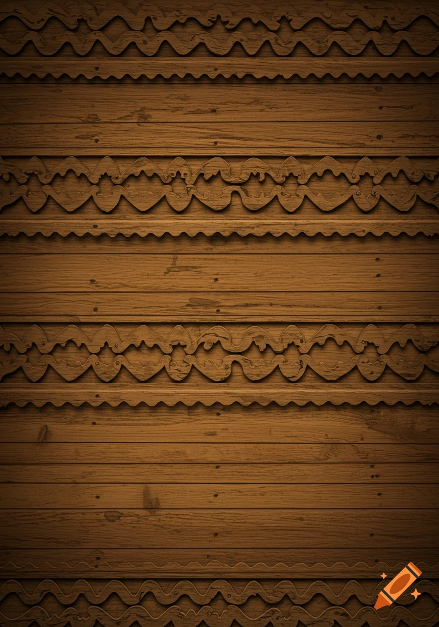 Brown wooden wall with carved wavy decorative patterns and horizontal planks.