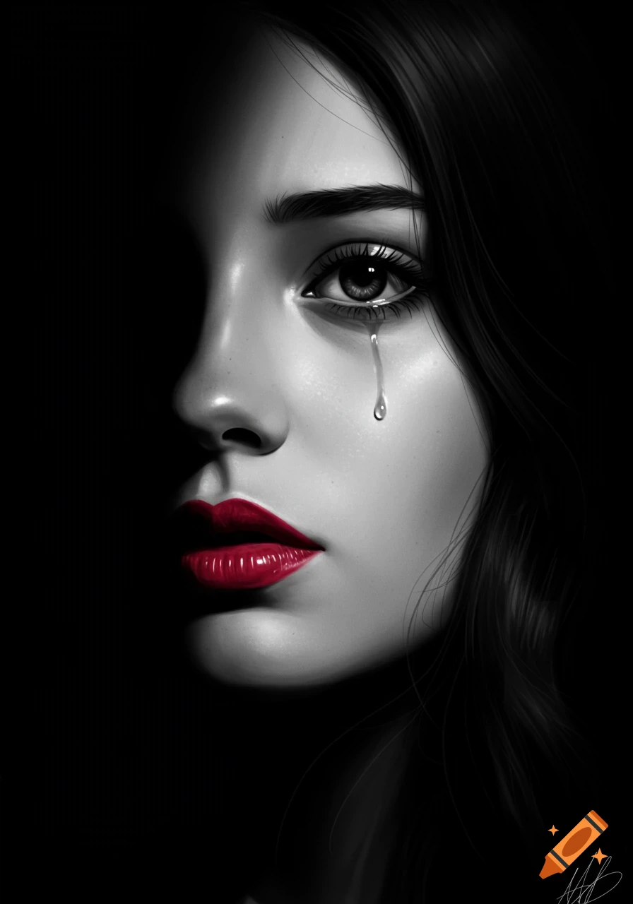 Close-up black and white portrait of a woman with red lips, a single tear falling from her eye, half her face in shadow.