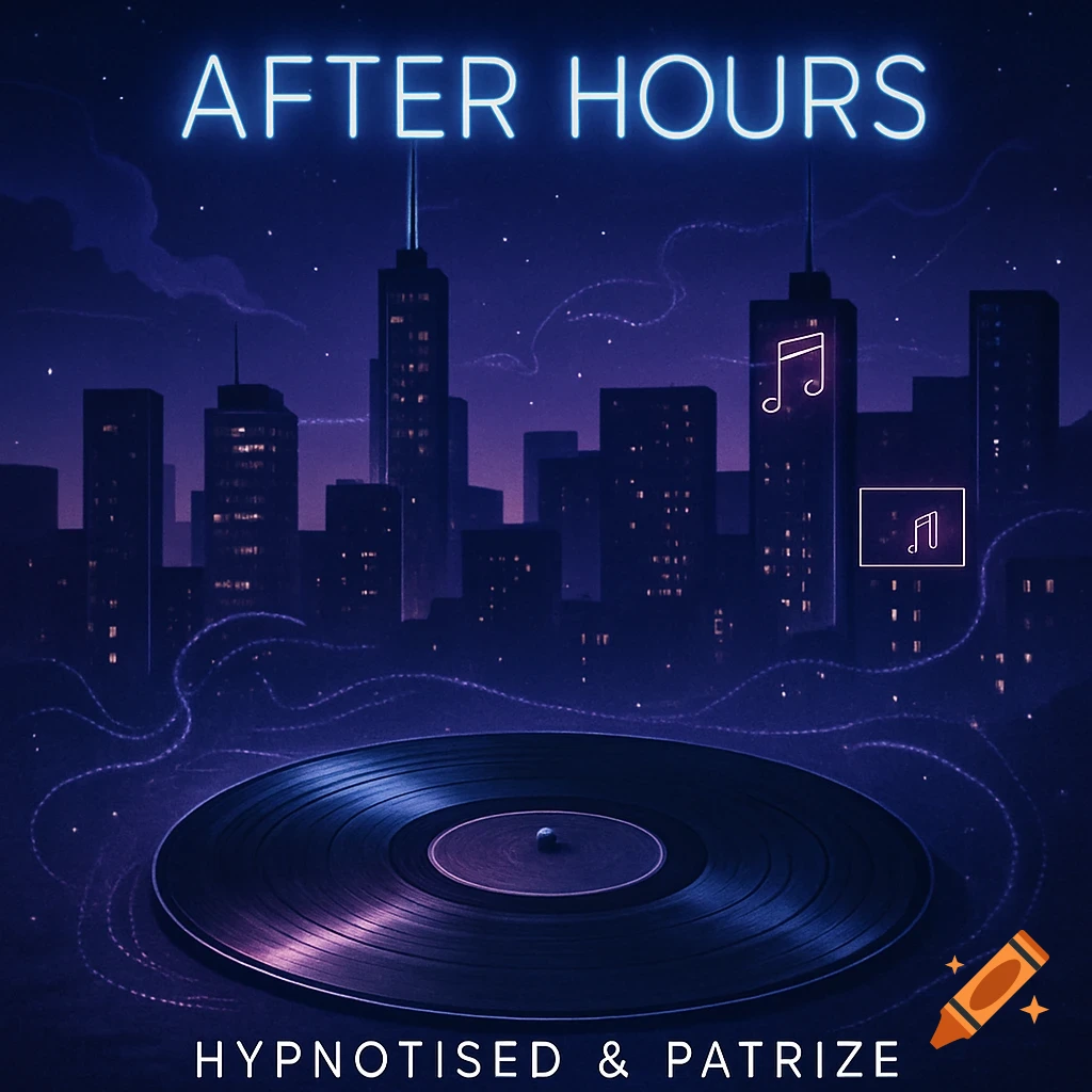 A neon-lit cityscape with a vinyl record, featuring 'AFTER HOURS' in blue neon and 'HYPNOTISED & PATRIZE' in white text, an album cover.