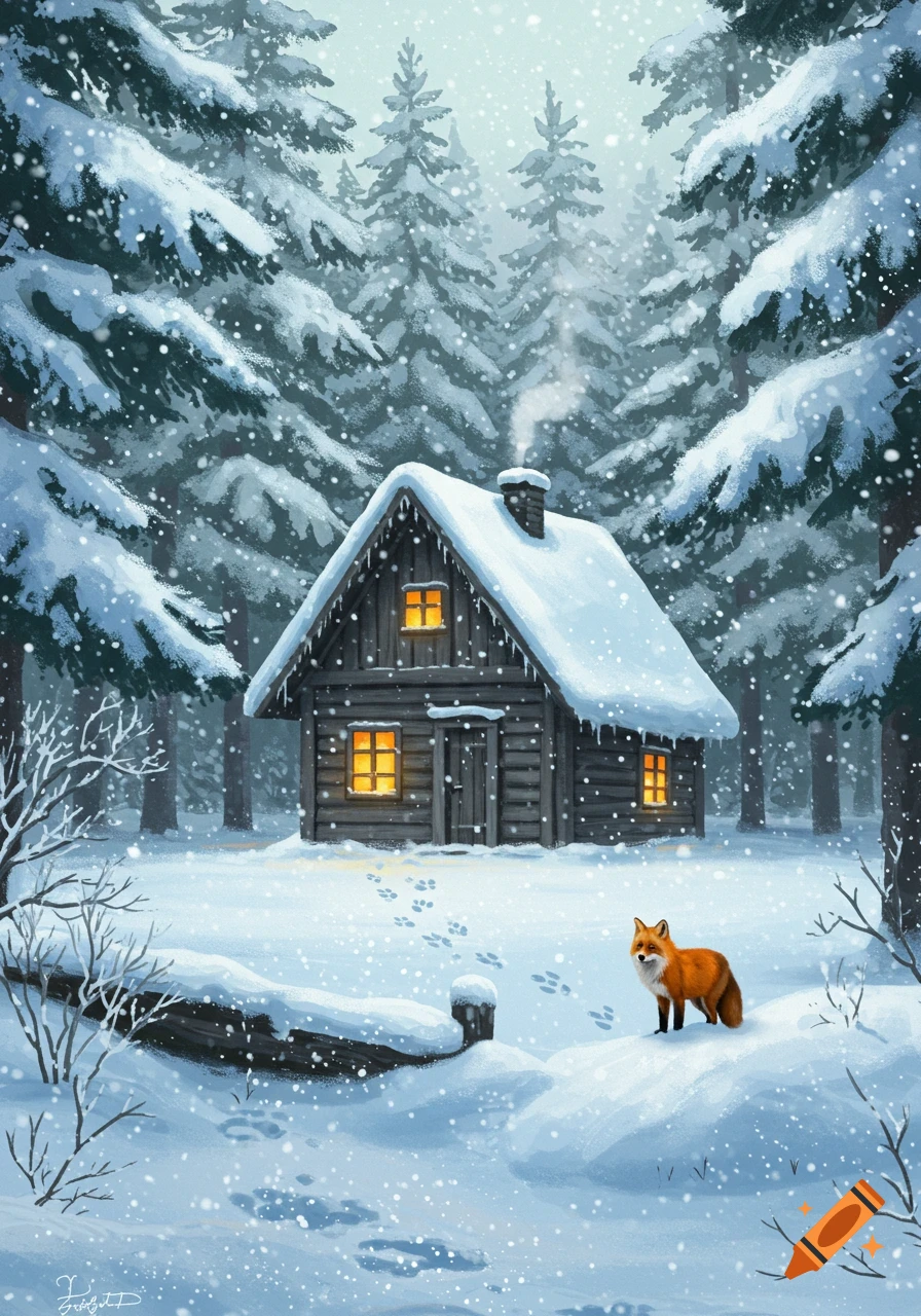 An illustrated winter scene with a snow-covered wooden cabin, pine ...