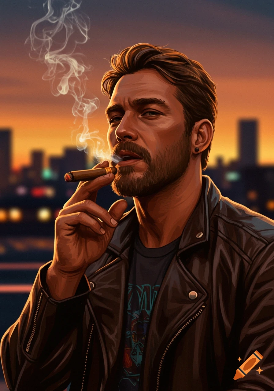 An illustrated portrait of a cool man with a beard and leather jacket, smoking a cigar at sunset over a cityscape.
