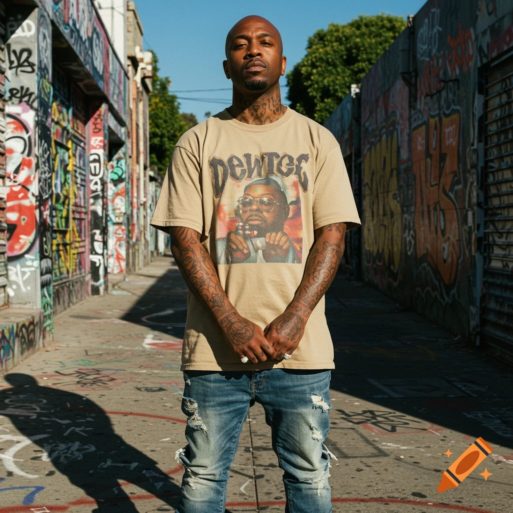 A bald man with arm and neck tattoos stands in an alleyway covered in graffiti, wearing a beige t-shirt with a graphic print and ripped jeans.