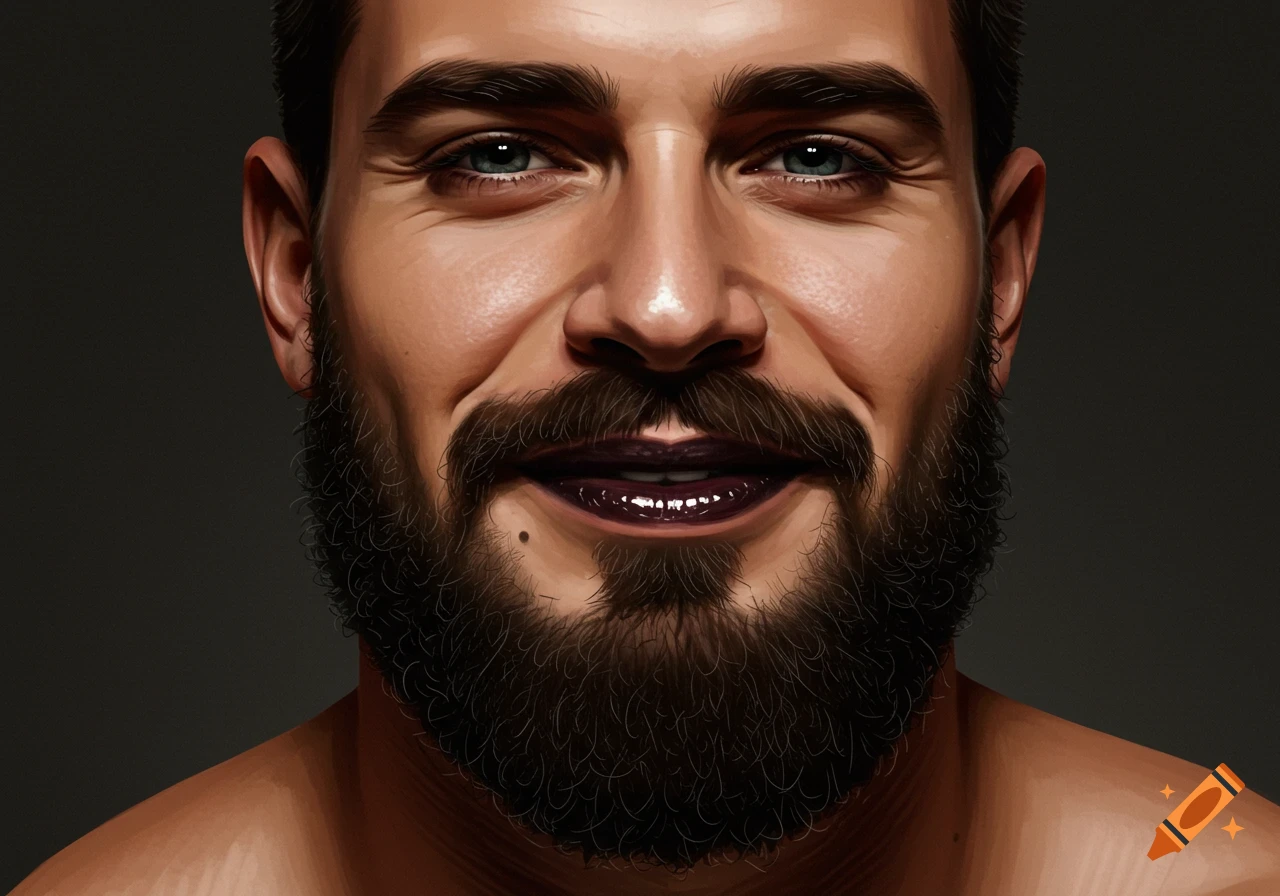 Close-up portrait of a masculine man with a thick beard and glossy dark lipstick, smiling.