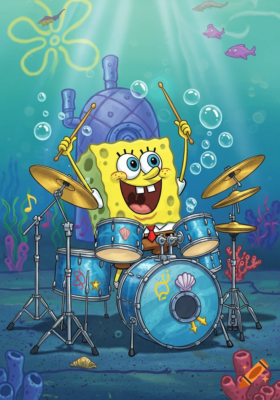 Spongebob Squarepants enthusiastically plays a blue drum kit underwater, surrounded by bubbles and coral.