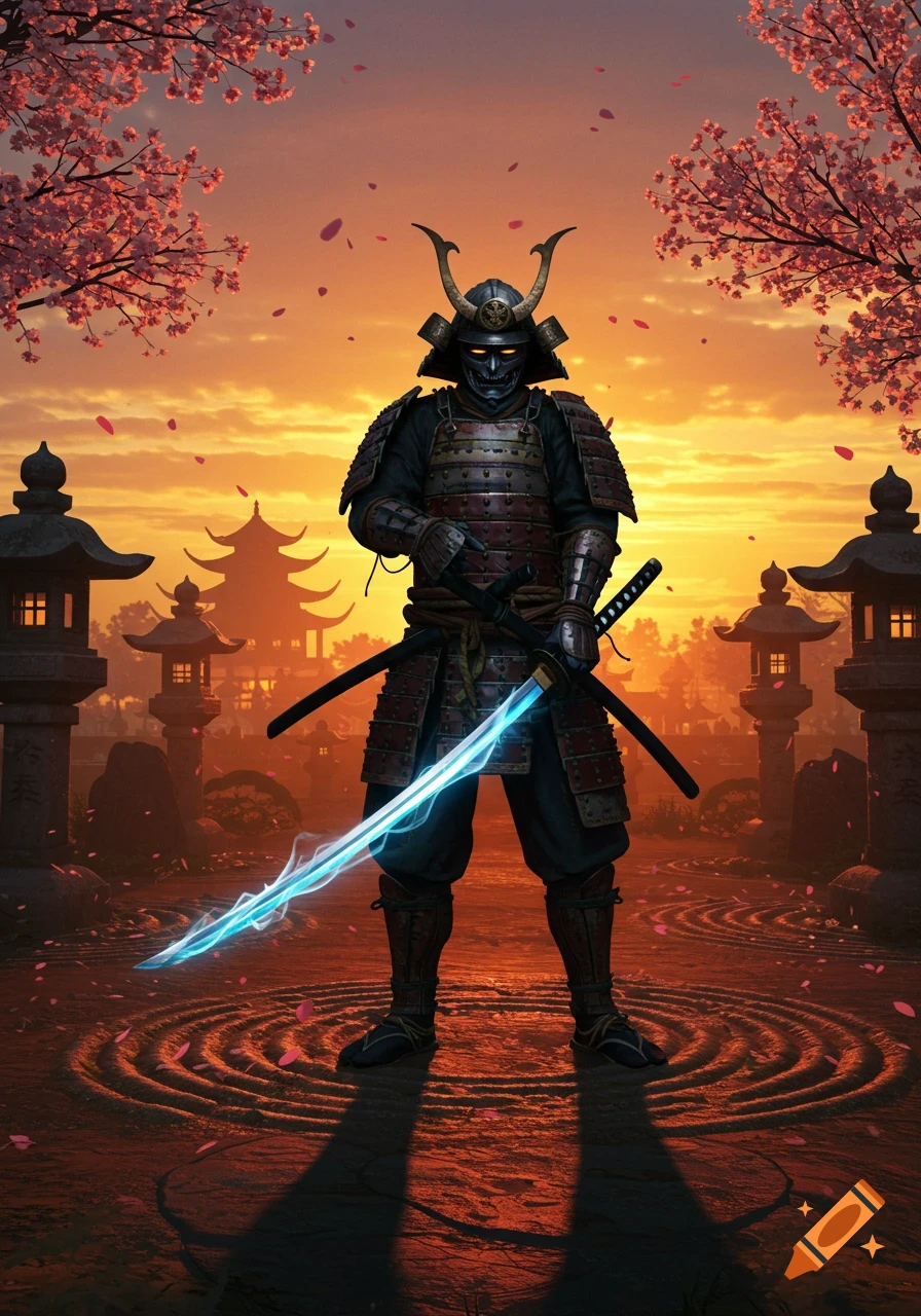 A samurai in armor stands in a traditional Japanese garden at sunset, holding a glowing blue katana with cherry blossoms and pagodas in the background.