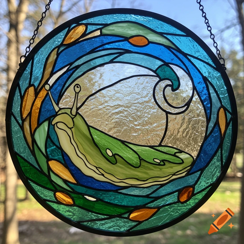 Circular stained glass art featuring a green slug surrounded by blue and green waves and orange accents, with a clear sky in the background.