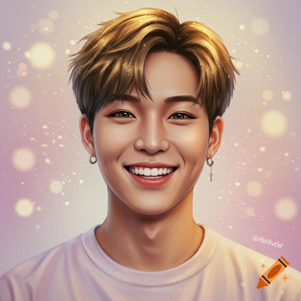 Digital illustration of a smiling young man with short brown hair, dimples, and earrings, wearing a white t-shirt, against a sparkling pink bokeh background.