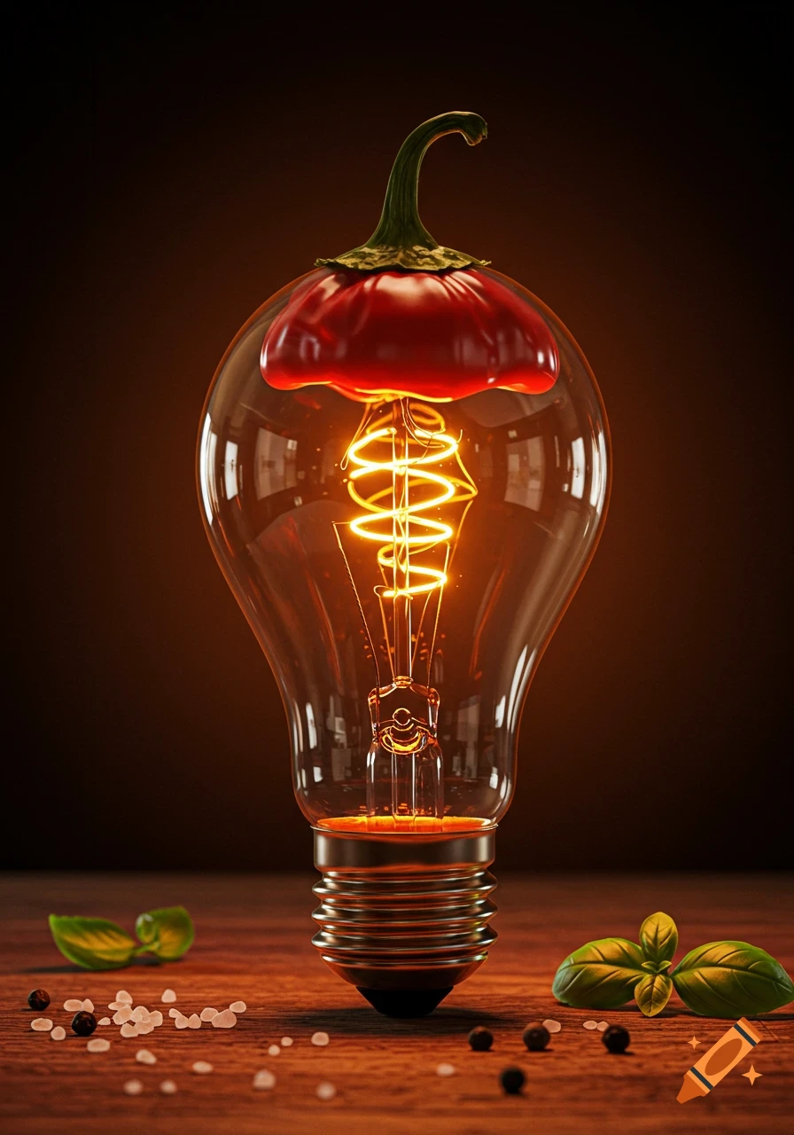 A glowing lightbulb with a red chili pepper top on a wooden surface with spices and basil leaves.
