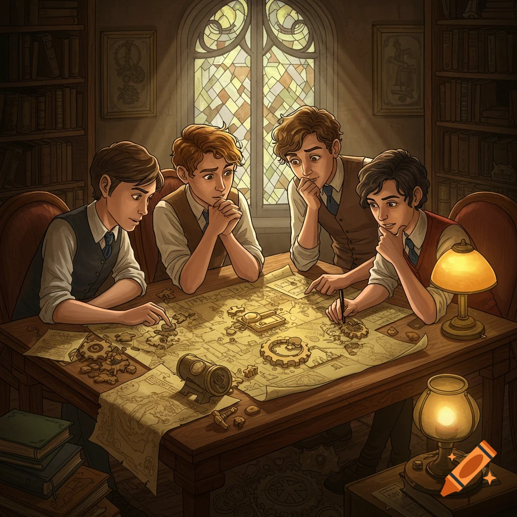 Four young men in waistcoats study a map with gears and diagrams on a table in a cozy, lamp-lit study with a stained-glass window. Illustration.